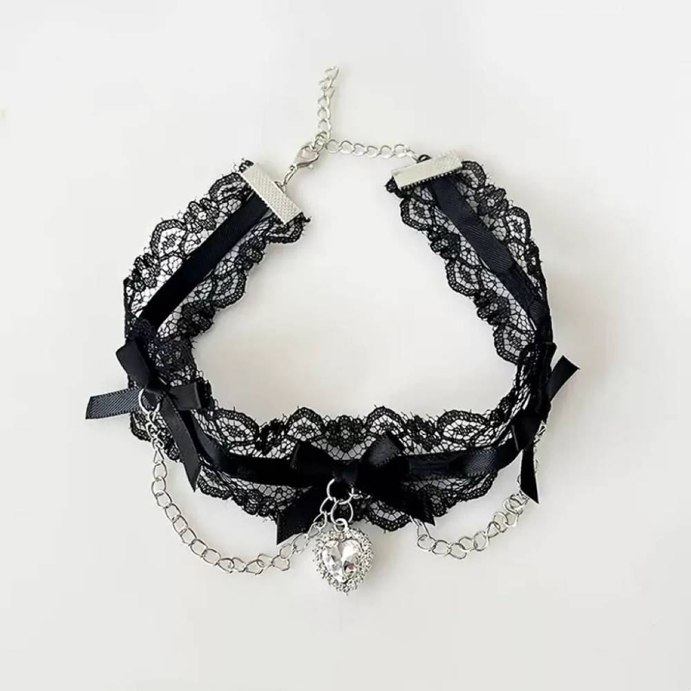 Heart Charm Chain Ribbon Choker Black Lace