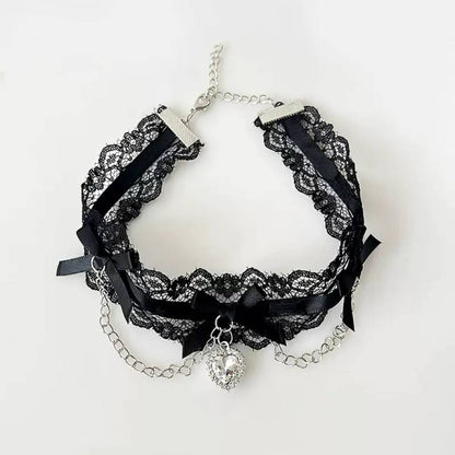 Heart Charm Chain Ribbon Choker Black Lace