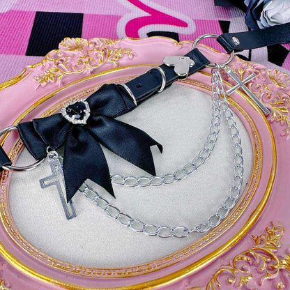 Gothic Heart Crystal Black Leather Choker