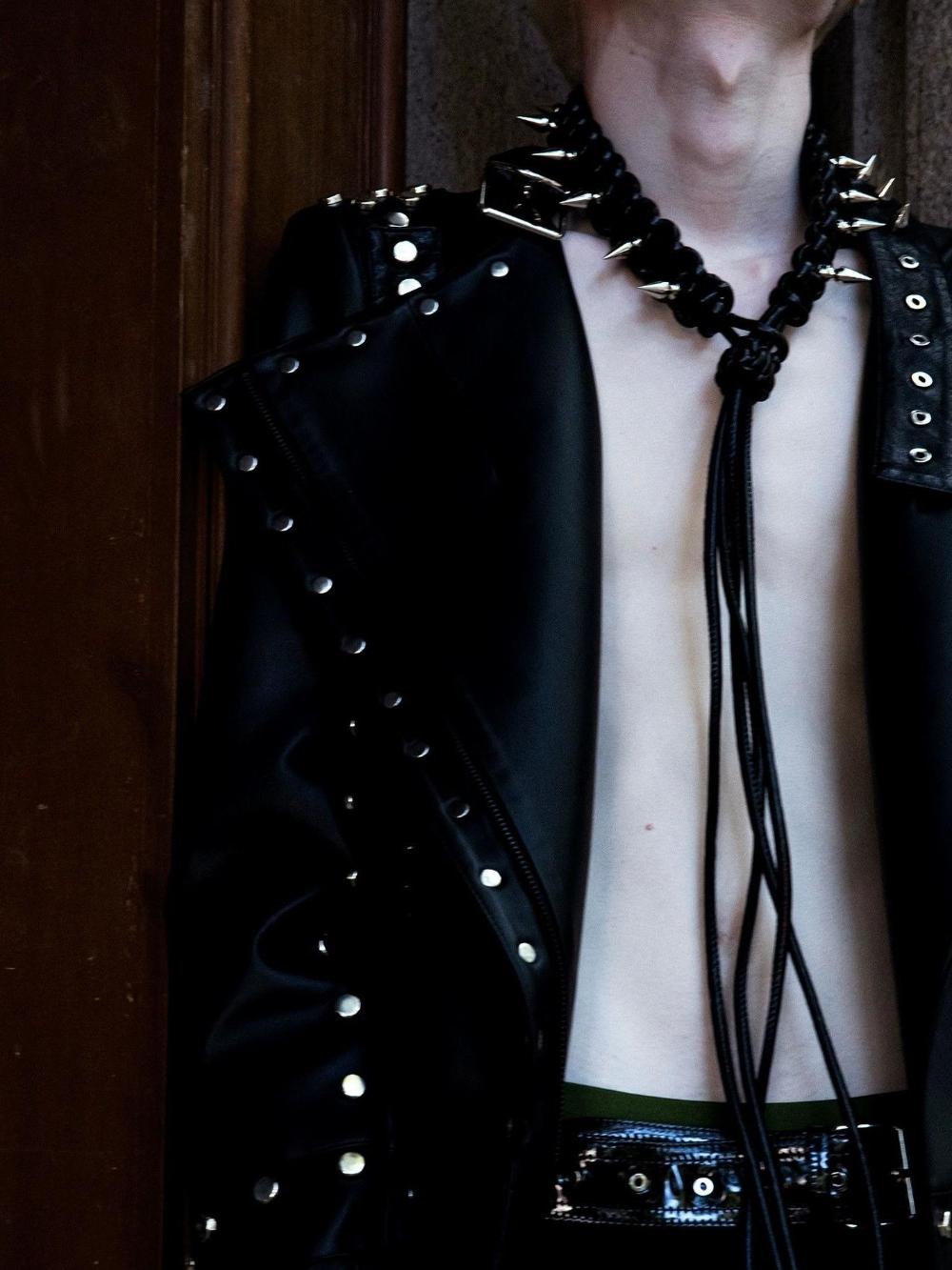 Punk Black Spiked Braided Leather Men's Choker