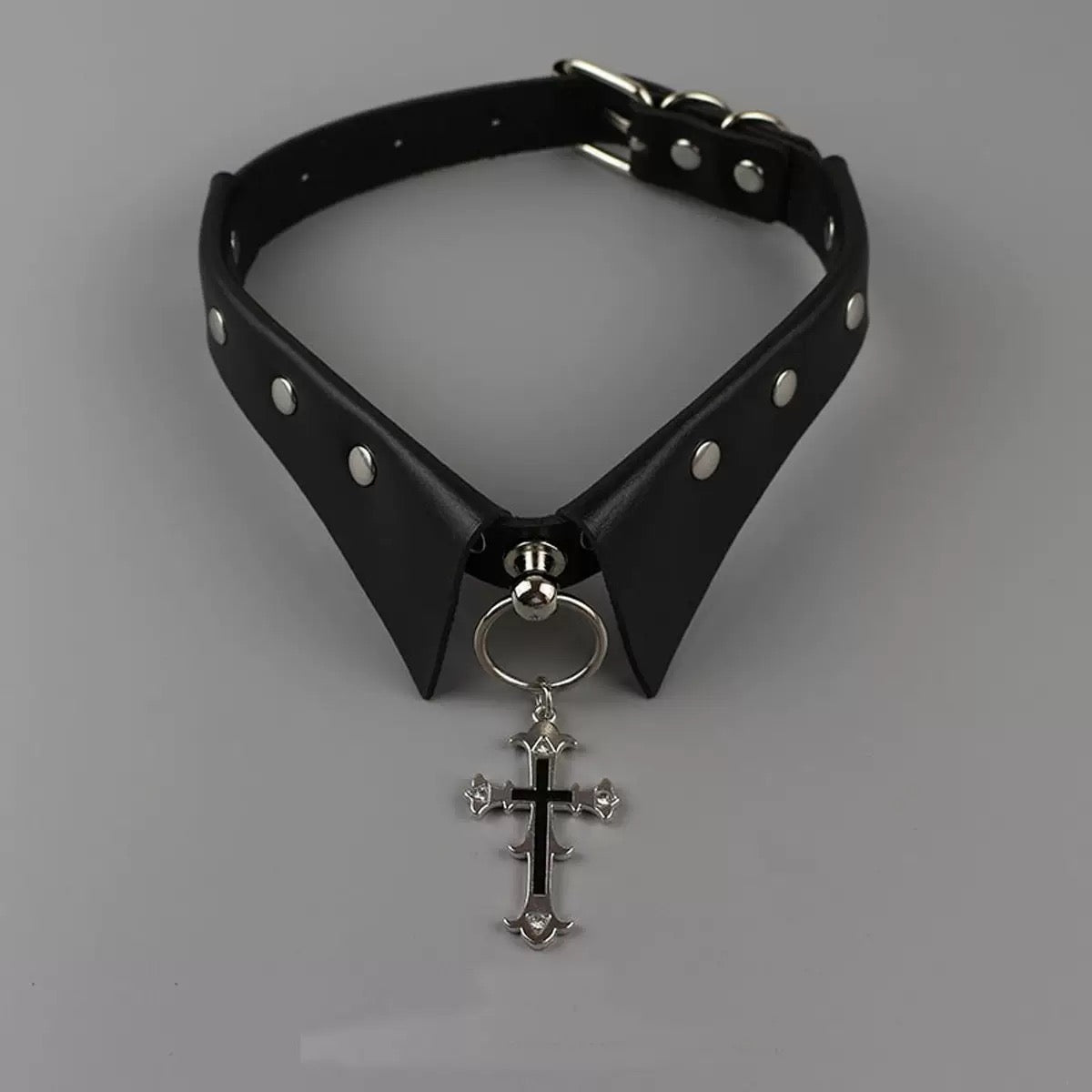 Gothic Cross Motif Color Black Leather Choker
