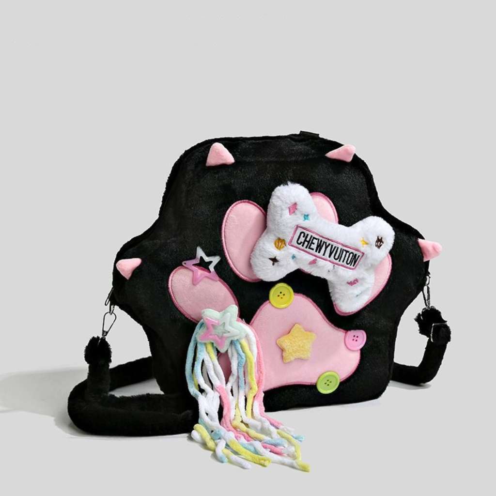 Kawaii Black and White Paw Plush Backpack