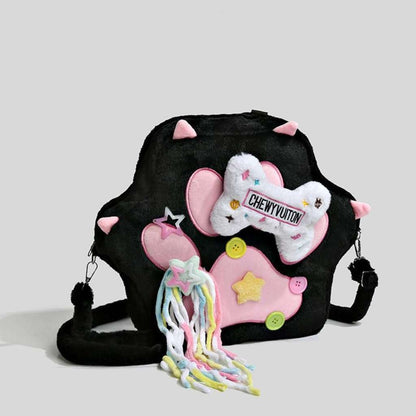 Kawaii Black and White Paw Plush Backpack