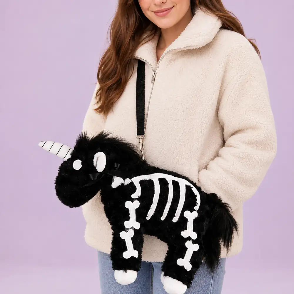 Black Skeleton Unicorn Plush Crossbody – Front View
