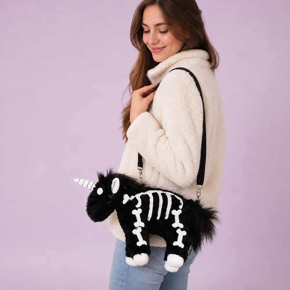 Black Skeleton Unicorn Plush Crossbody – Side View