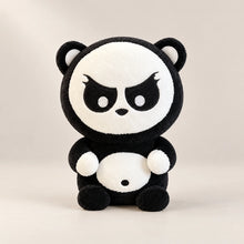 Black and white grumpy panda plush with embroidered eyes and a contrasting white belly, front view.