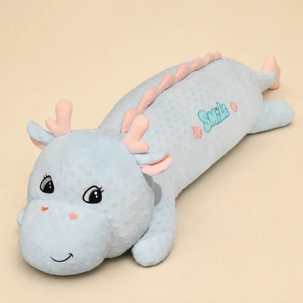 Blue Long Dinosaur Plush Toy on Warm Cream Background