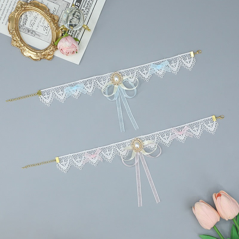 Cute Pearl Ribbon White Lace Choker