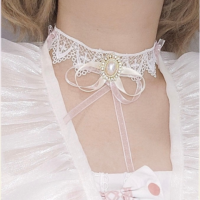Cute Pearl Ribbon White Lace Choker
