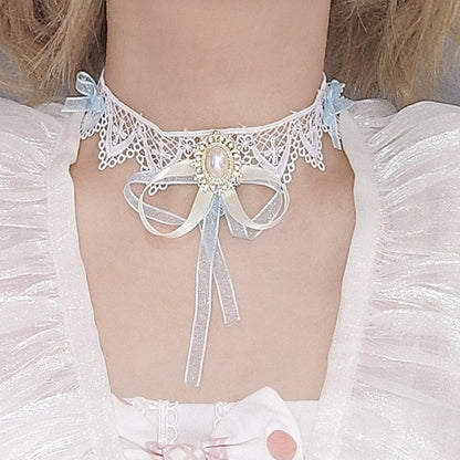Cute Pearl Ribbon White Lace Choker