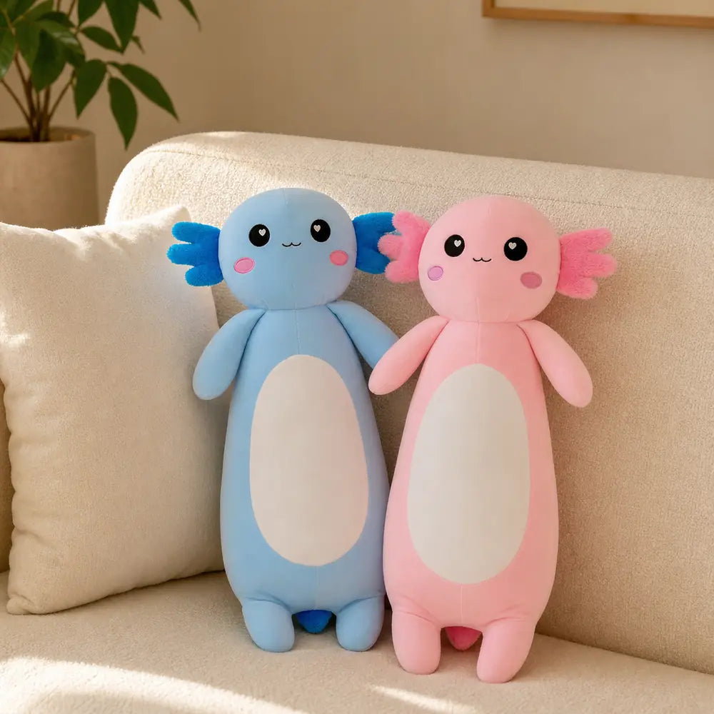 Blue and Pink Long Axolotl Plush Toys on a Cream Sofa