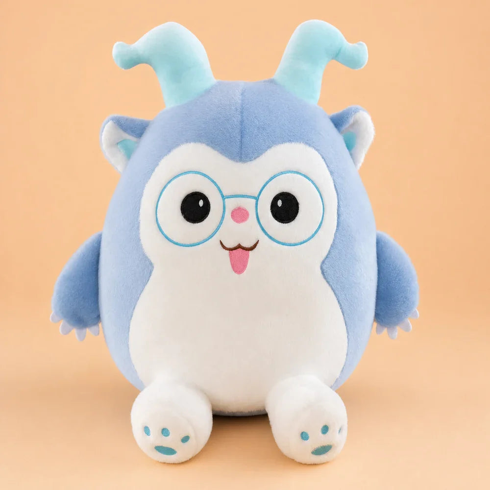 Blue Glasses Plush Toy - Front View on Warm Peach Studio Background