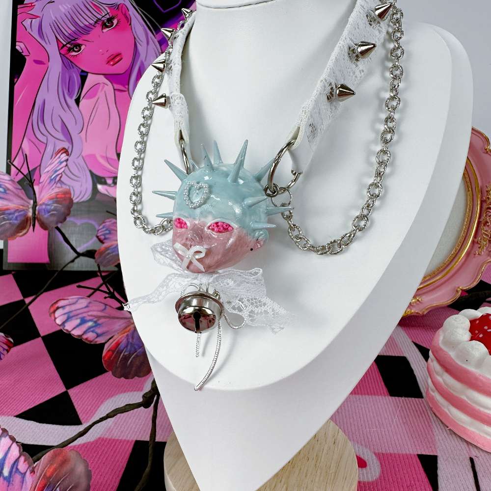 Yami Kawaii Spiked Doll Face White Lace Leather Choker
