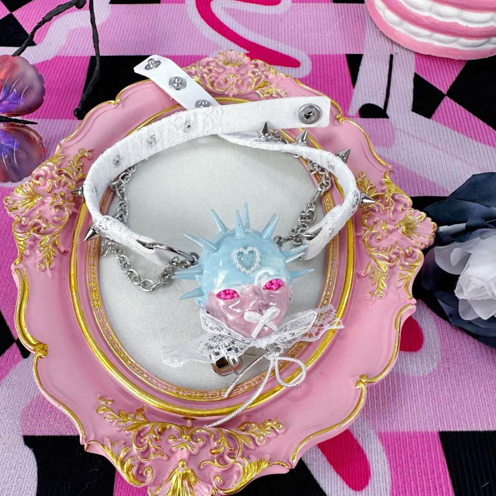 Yami Kawaii Spiked Doll Face White Lace Leather Choker – PlushThis