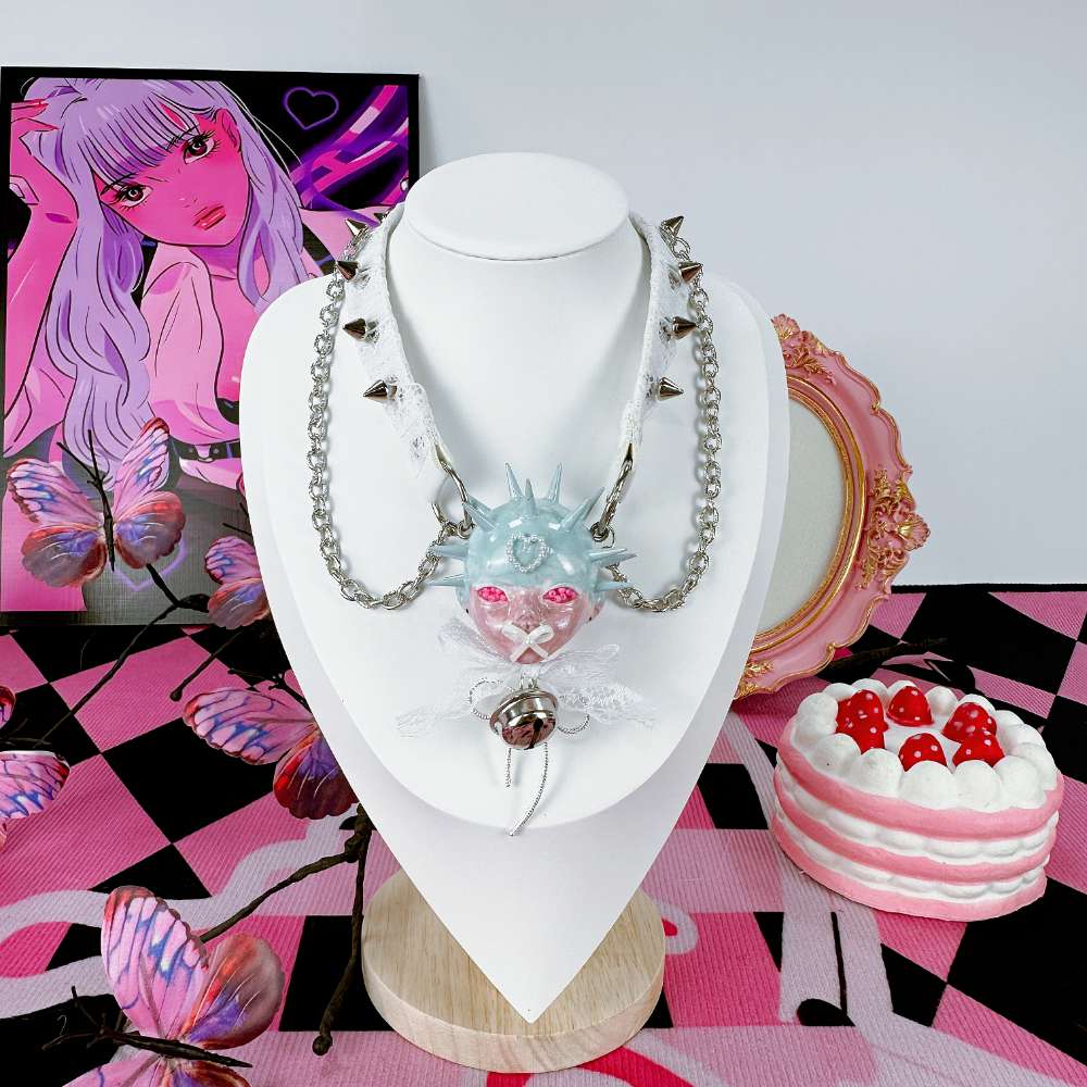 Yami Kawaii Spiked Doll Face White Lace Leather Choker