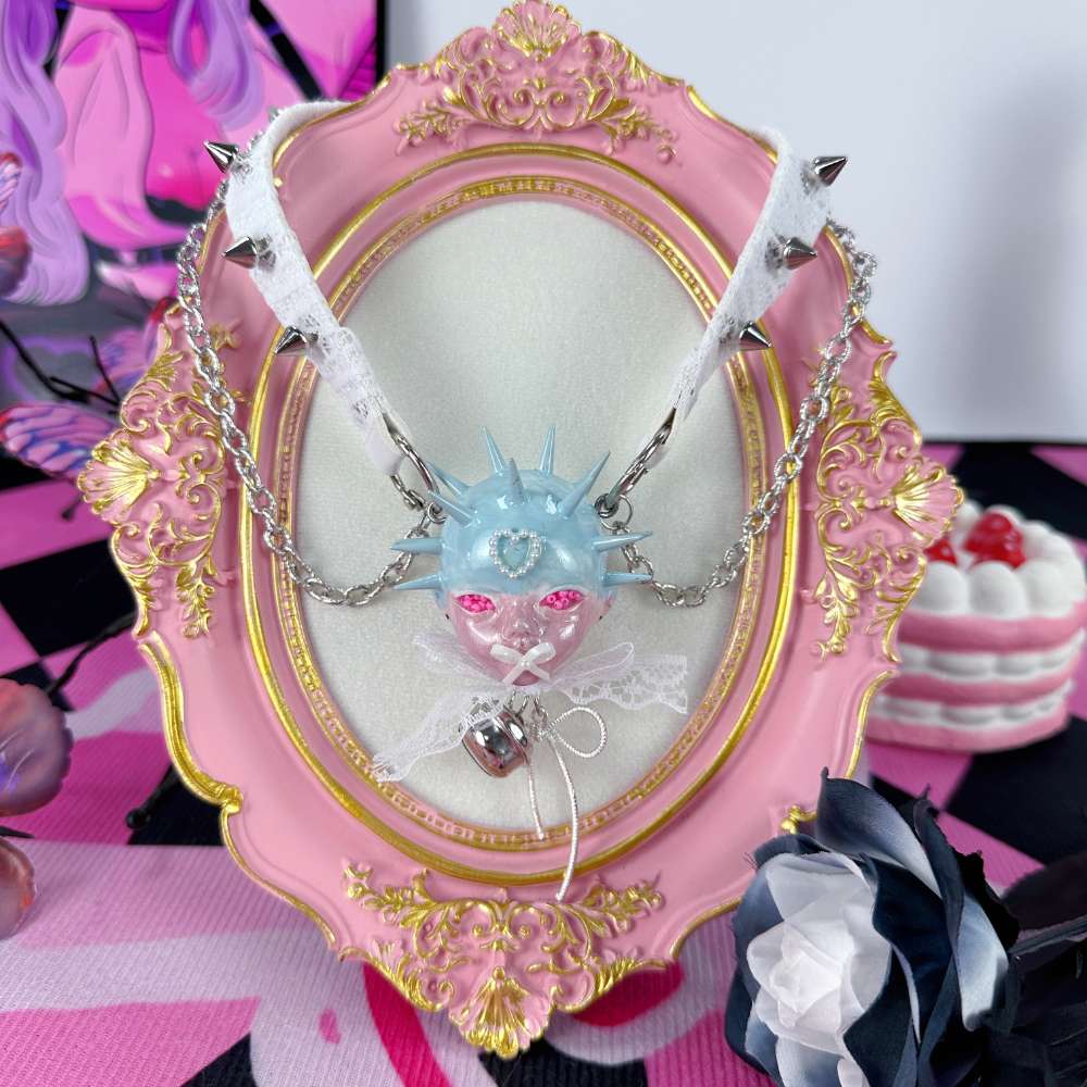 Yami Kawaii Spiked Doll Face White Lace Leather Choker