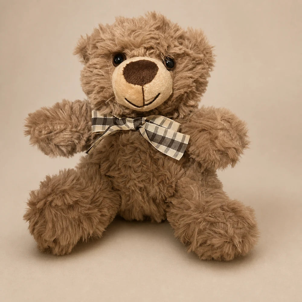 Brown Checkered Bow Teddy Bear Plush Front View