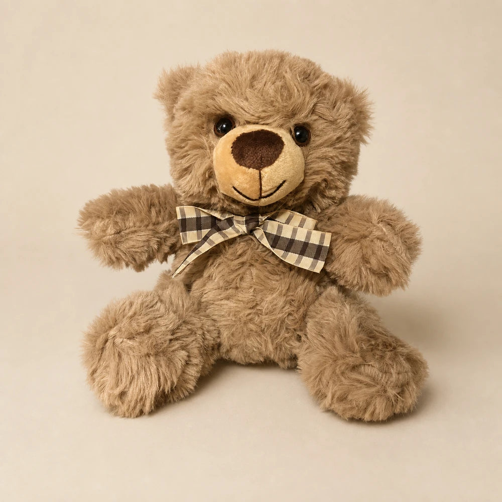Brown Checkered Bow Teddy Bear Plush Relaxed Front View