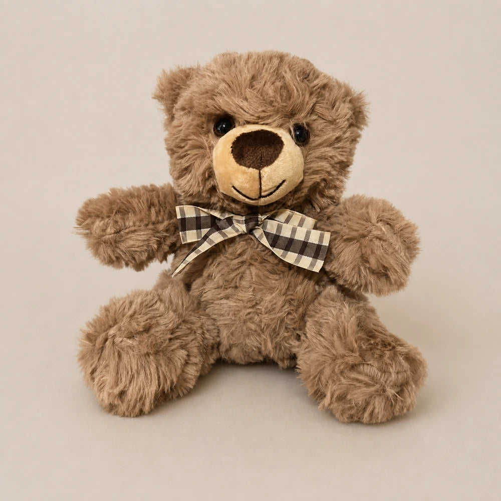 Brown Checkered Bow Teddy Bear Plush Straight Front View