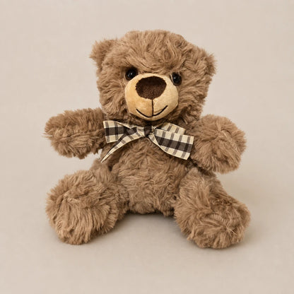 Brown Checkered Bow Teddy Bear Plush Straight Front View