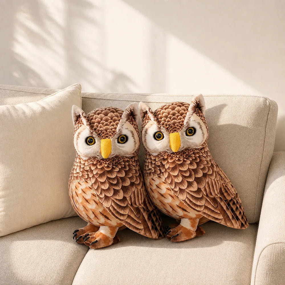 Brown Owl Plush Stuffed Animals on a Cream Sofa