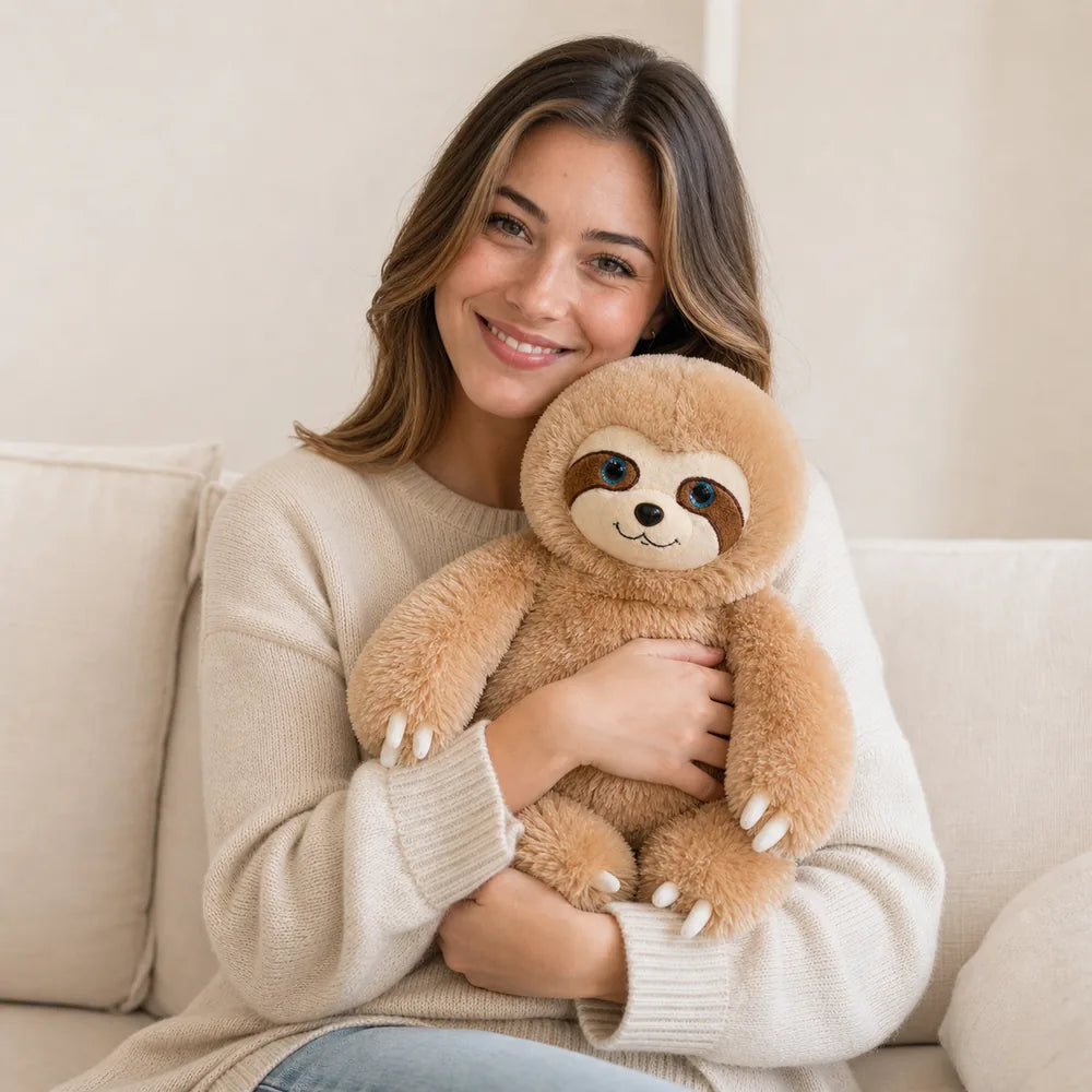 Woman Holding Cute Brown Sloth Stuffed Animal