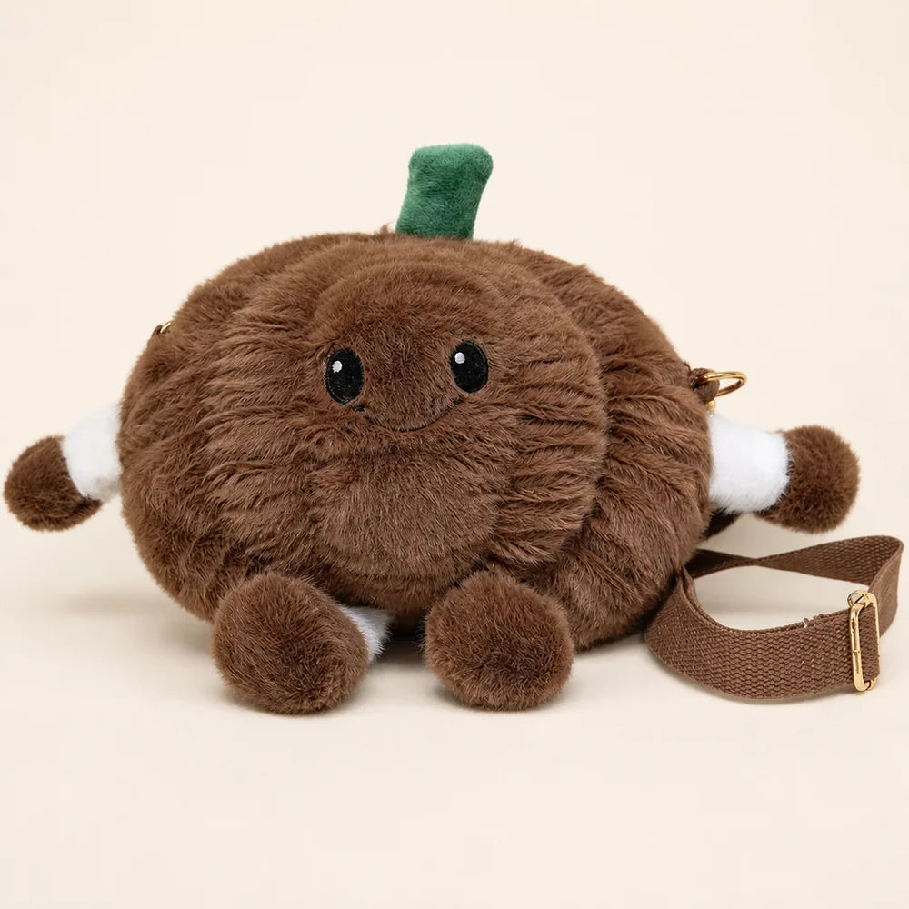Brown Pumpkin Plush Crossbody Bag on Warm Ivory Background