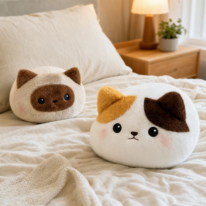 Calico Cat and Raccoon Plush Pillows on a Bed