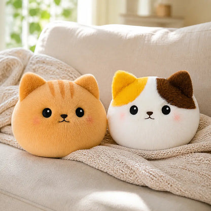 Calico Cat and Orange Tabby Plush Pillows on a Sofa