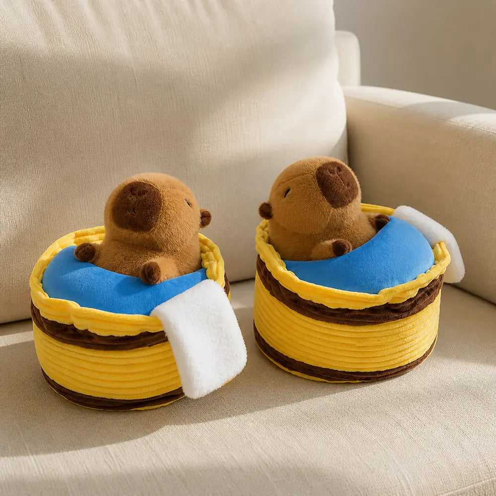 Capybara Sleeping Basket Plush Duo on a Sofa