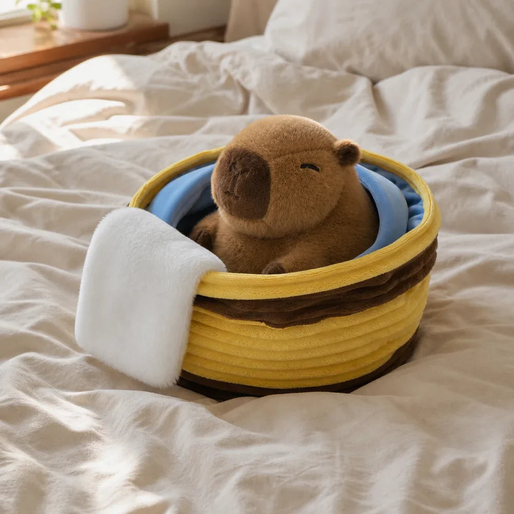 Capybara Sleeping Basket Plush on a Cozy Bed