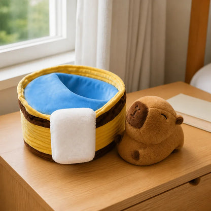 Capybara Sleeping Basket Plush by a Window