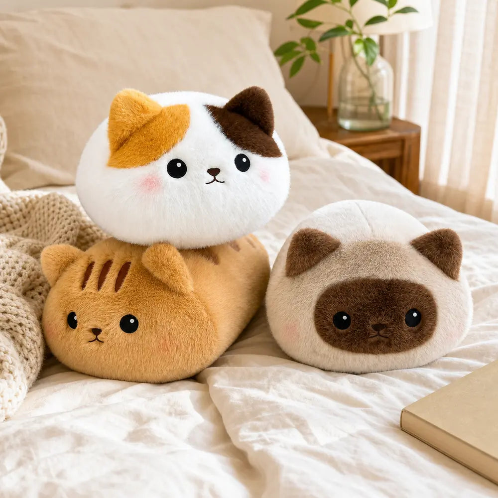 Round Animal Plush Pillows on a Cozy Bed