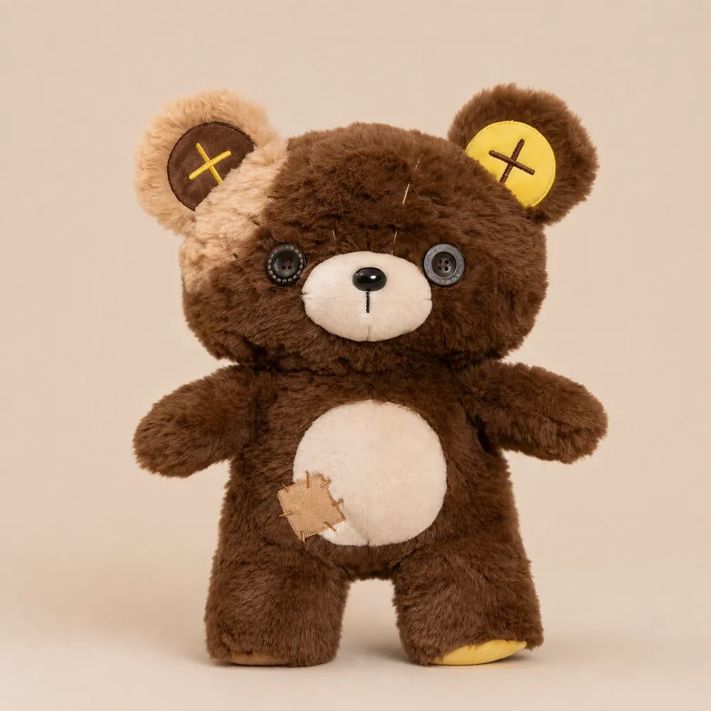Chocolate Brown Patchwork Teddy Bear Plush on Oatmeal Studio Background
