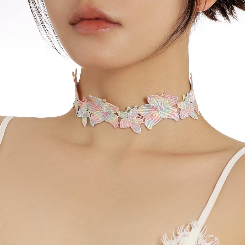 Cute Pastel Rainbow Flower & Star Lace Pink Choker 