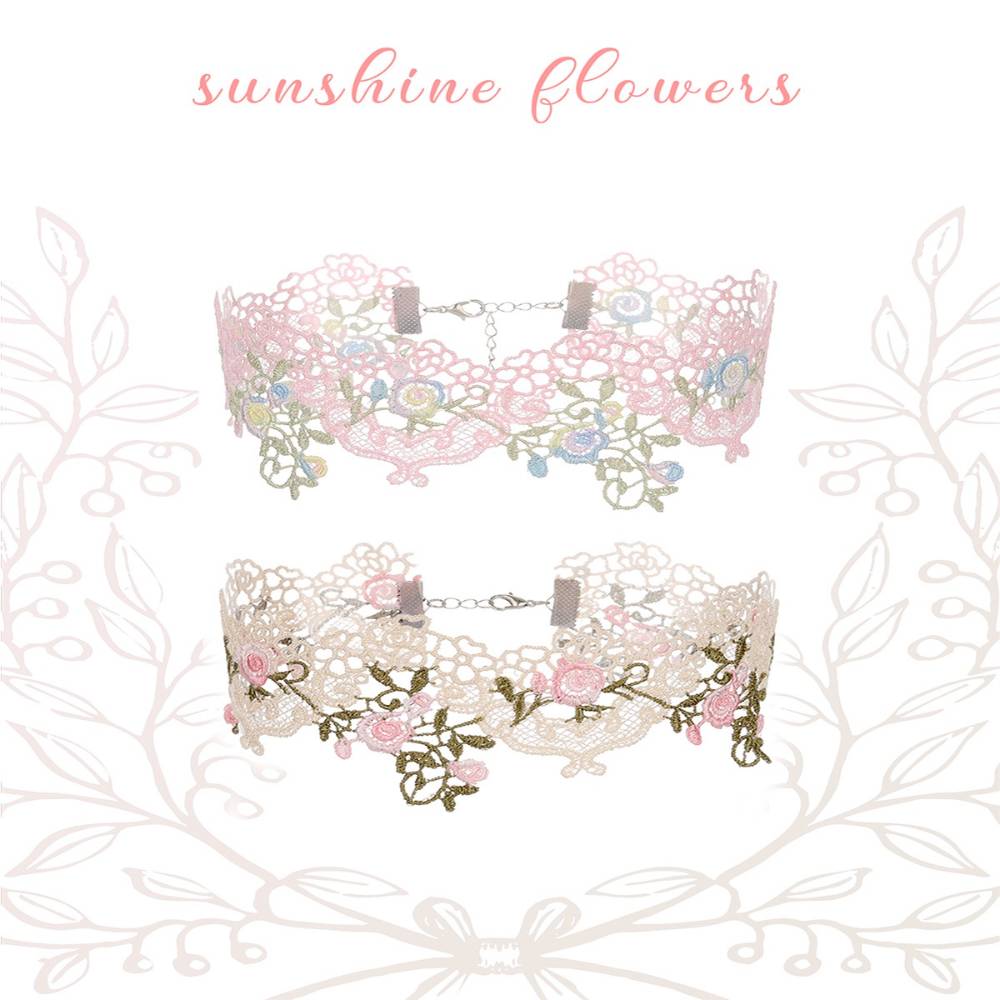 Cute Pastel Rainbow Flower & Star Lace Pink Choker 