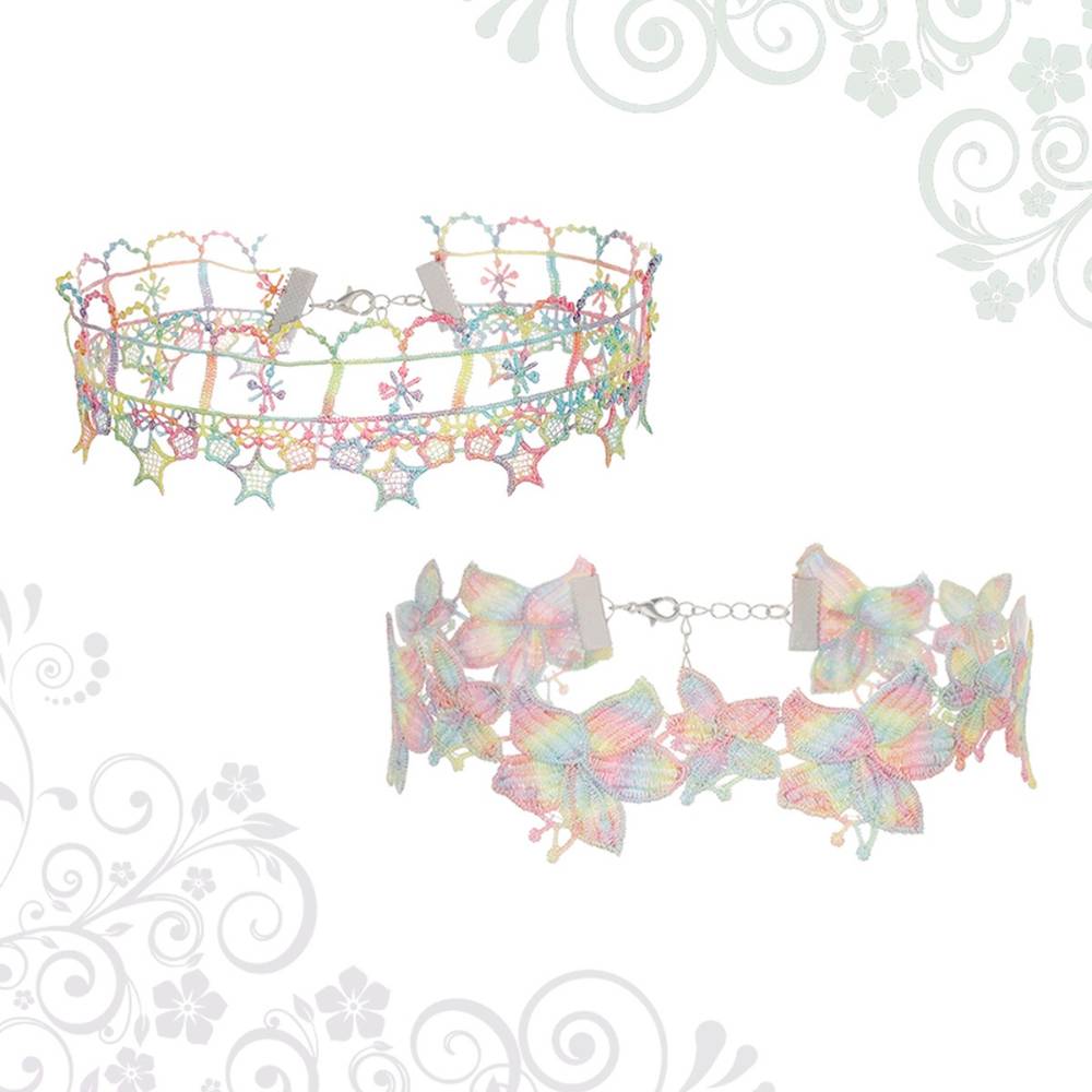 Cute Pastel Rainbow Flower & Star Lace Pink Choker 