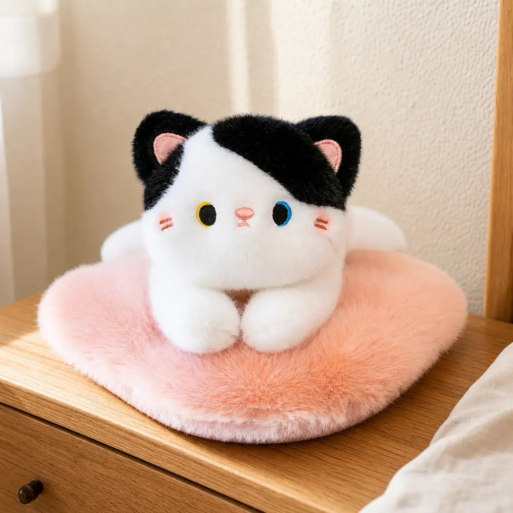 Cream Cat Plush Pillow by a Bedside