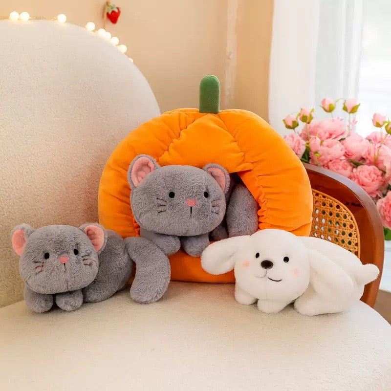 Cute Kitty and Puppy with Pumpkin