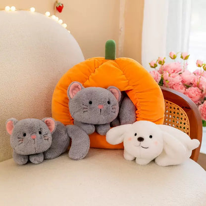 Cute Kitty and Puppy with Pumpkin