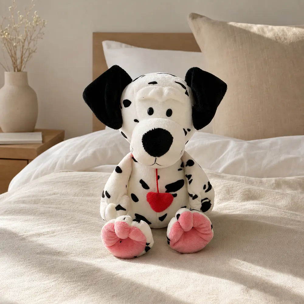 Dalmatian Heart Plush Dog on Linen Bed