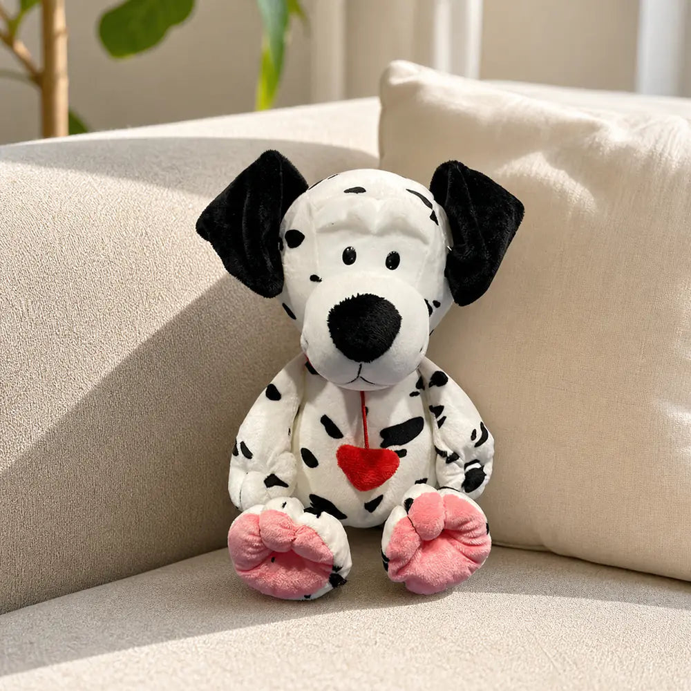Dalmatian Heart Plush Dog on Cream Sofa