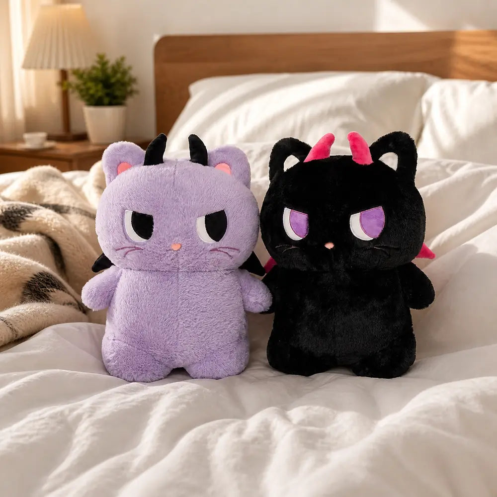 Purple and Black Devil Cat Plush Toys on Bed