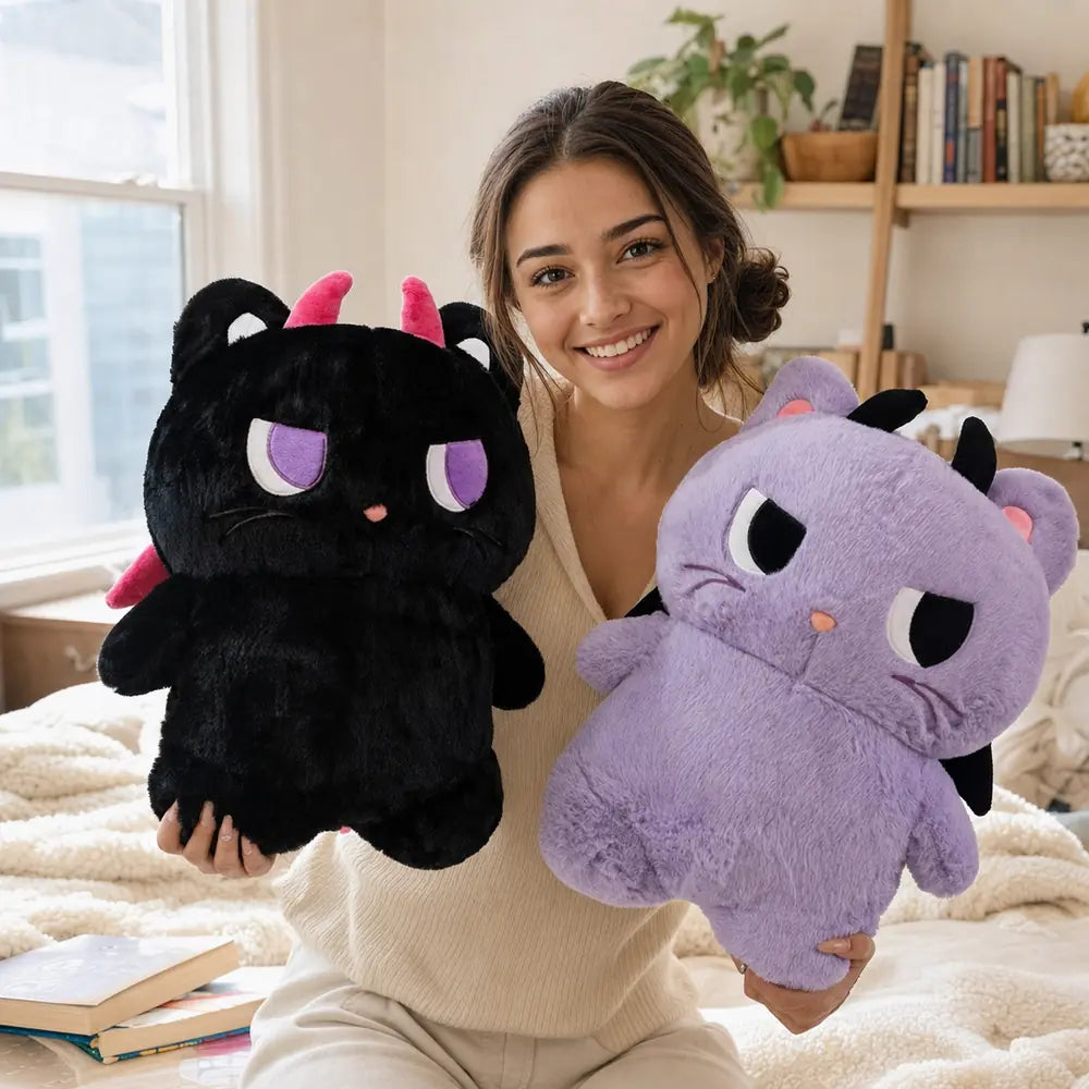 Purple and Black Devil Cat Plush Toys Held by Model