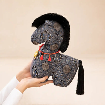Traditional Brocade Horse Plush - Black Color Held in Hands
