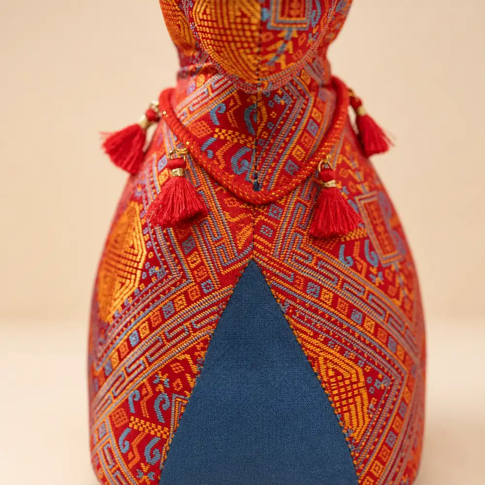 Traditional Brocade Horse Plush - Red Fabric Detail