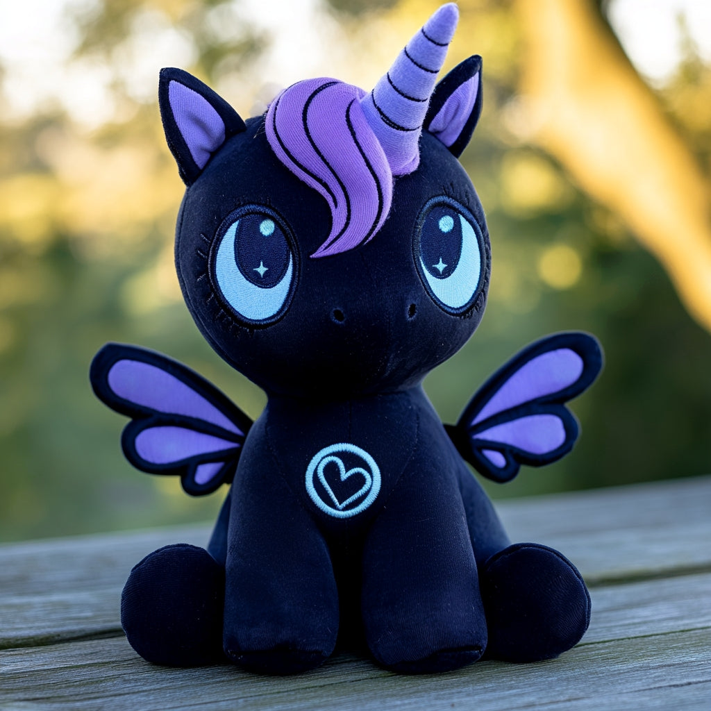 Stuffed black unicorn, purple mane, feathers, shining eyes