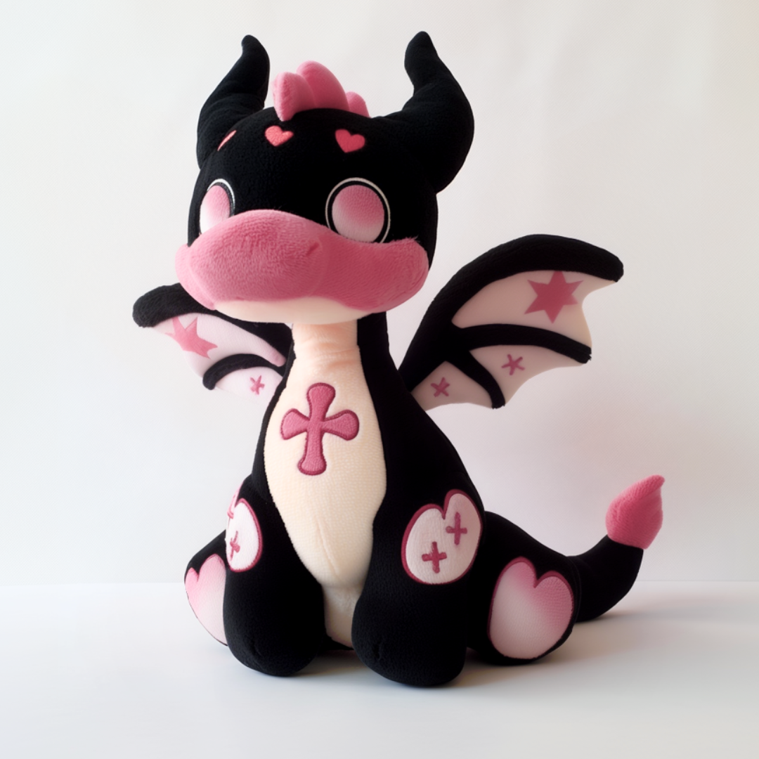 Cute pink and black plush fire dragon with heart-shaped accents