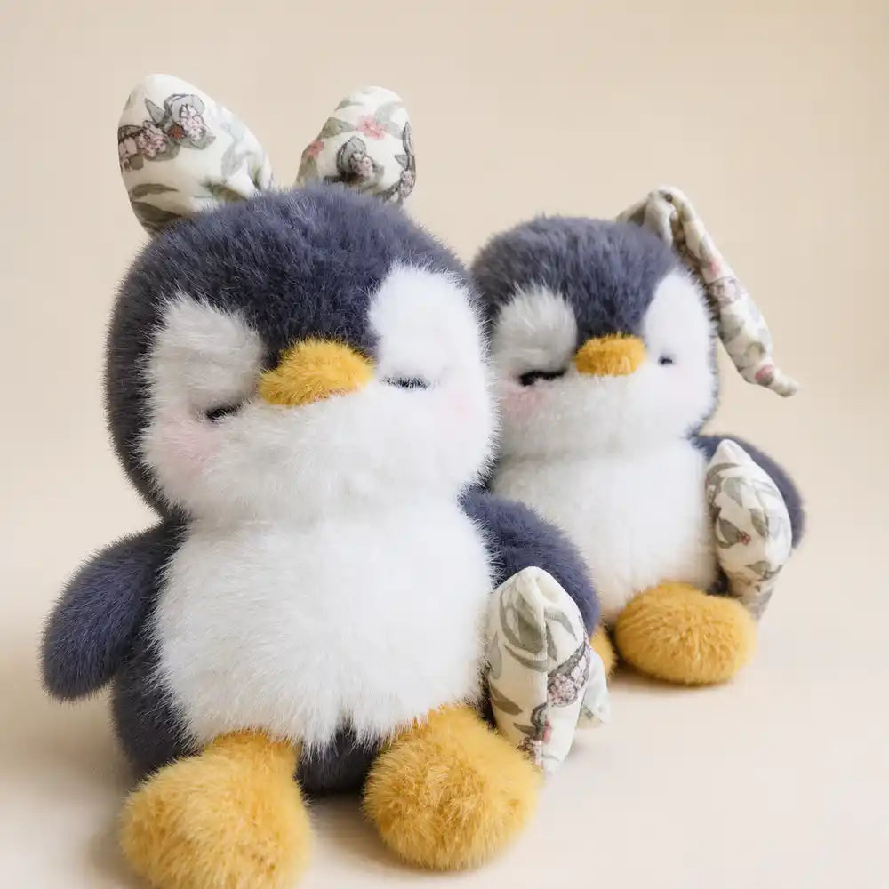 Floral Bow Penguin Plush Toy Pair - Angled View