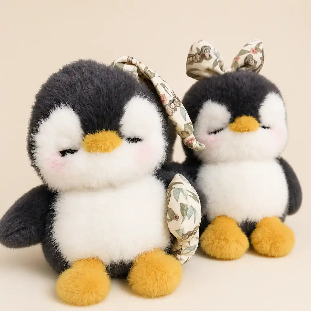 Floral Bow Penguin Plush Toy Pair - Close View